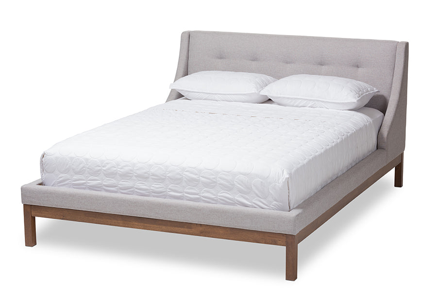 baxton studio louvain modern and contemporary greyish beige fabric upholstered walnut finished full sized platform bed | Modish Furniture Store-2