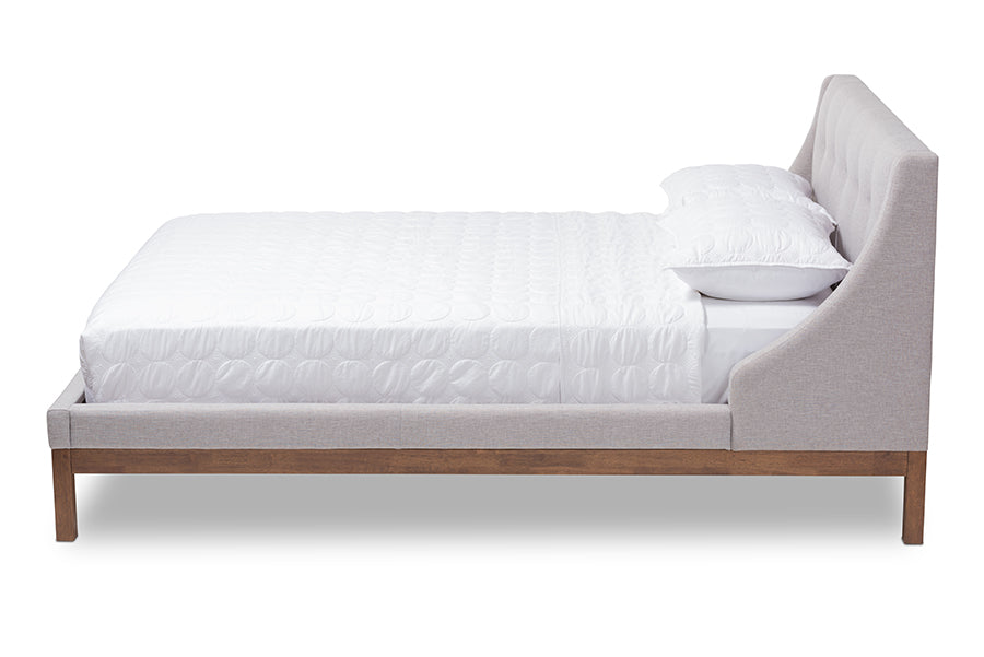 baxton studio louvain modern and contemporary greyish beige fabric upholstered walnut finished full sized platform bed | Modish Furniture Store-3