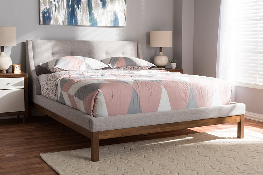 Baxton Studio Louvain Modern and Contemporary Greyish Beige Fabric Upholstered Walnut-Finished Full Sized Platform Bed | Modishstore | Beds