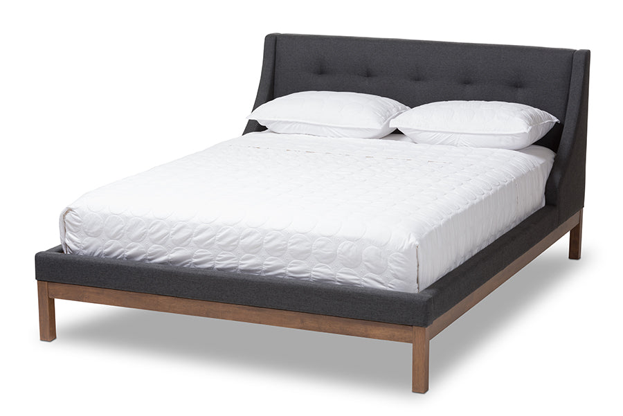 baxton studio louvain modern and contemporary dark grey fabric upholstered walnut finished full sized platform bed | Modish Furniture Store-2