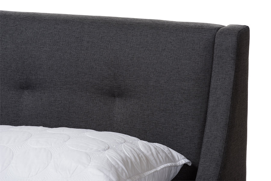 Baxton Studio Louvain Modern and Contemporary Dark Grey Fabric Upholstered Walnut-Finished Queen Sized Platform Bed | Beds | Modishstore - 5