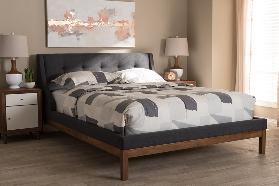 Baxton Studio Louvain Modern and Contemporary Dark Grey Fabric Upholstered Walnut-Finished Queen Sized Platform Bed | Beds | Modishstore - 2