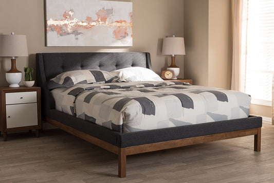 Baxton Studio Louvain Modern and Contemporary Dark Grey Fabric Upholstered Walnut-Finished Full Sized Platform Bed | Modishstore | Beds