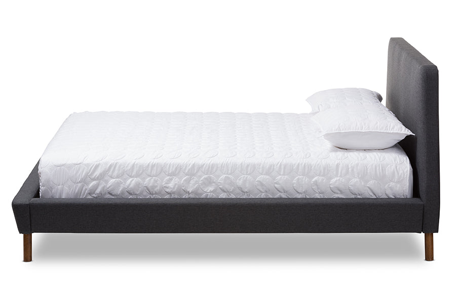 baxton studio sinclaire modern and contemporary dark grey fabric upholstered walnut finished queen sized platform bed | Modish Furniture Store-3