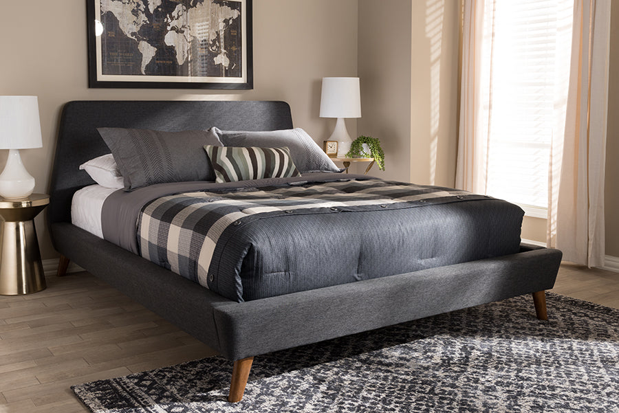 Baxton Studio Sinclaire Modern and Contemporary Dark Grey Fabric Upholstered Walnut-Finished Queen Sized Platform Bed | Modishstore | Beds
