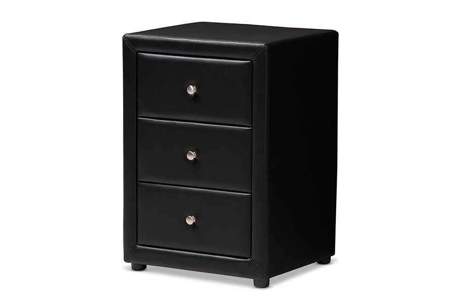 baxton studio tessa modern and contemporary black faux leather upholstered 3 drawer nightstand | Modish Furniture Store-2