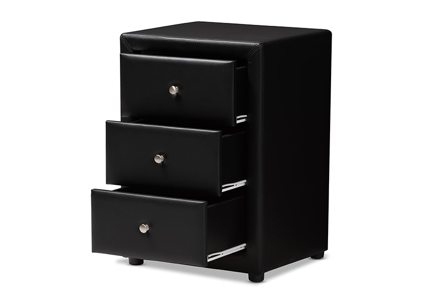 baxton studio tessa modern and contemporary black faux leather upholstered 3 drawer nightstand | Modish Furniture Store-3