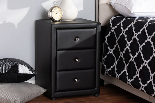 Baxton Studio Tessa Modern and Contemporary Black Faux Leather Upholstered 3-Drawer Nightstand | Modishstore | Nightstands