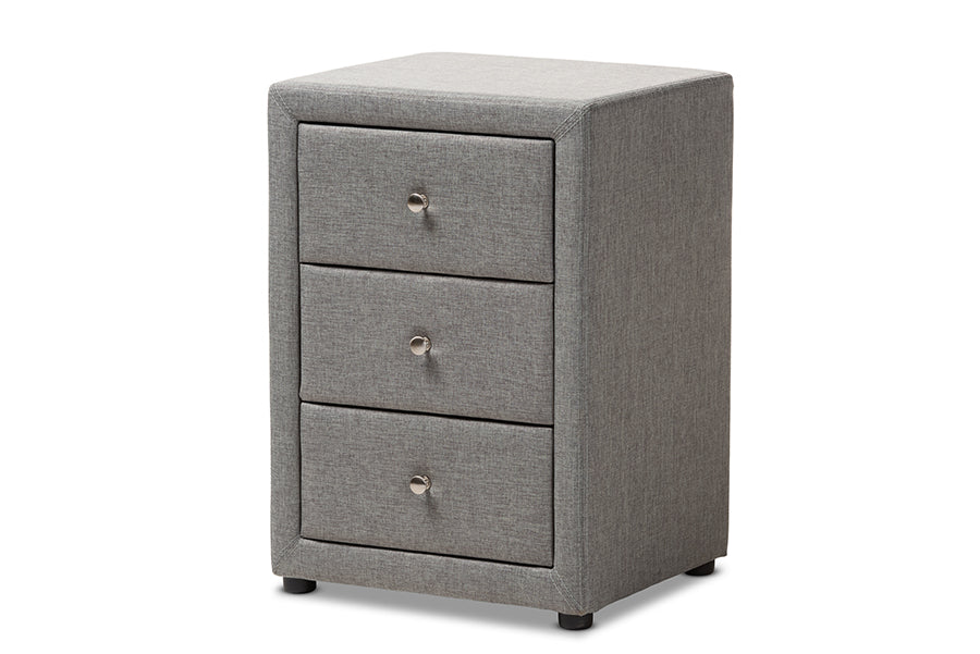 baxton studio tessa modern and contemporary grey fabric upholstered 3 drawer nightstand | Modish Furniture Store-2