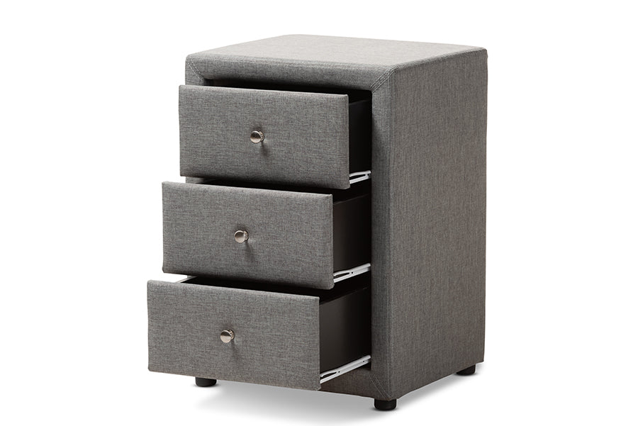 baxton studio tessa modern and contemporary grey fabric upholstered 3 drawer nightstand | Modish Furniture Store-3