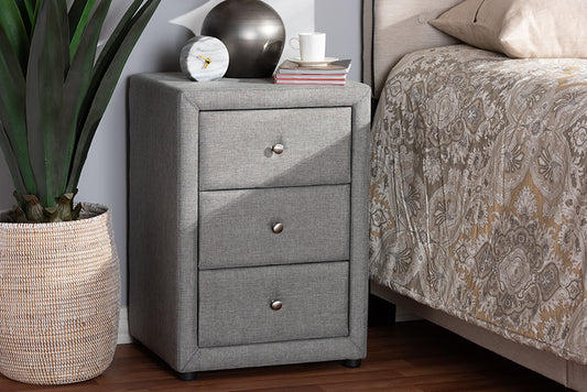 Baxton Studio Tessa Modern and Contemporary Grey Fabric Upholstered 3-Drawer Nightstand | Modishstore | Nightstands
