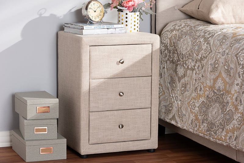 Baxton Studio Tessa Modern and Contemporary Beige Fabric Upholstered 3-Drawer Nightstand | Modishstore | Nightstands