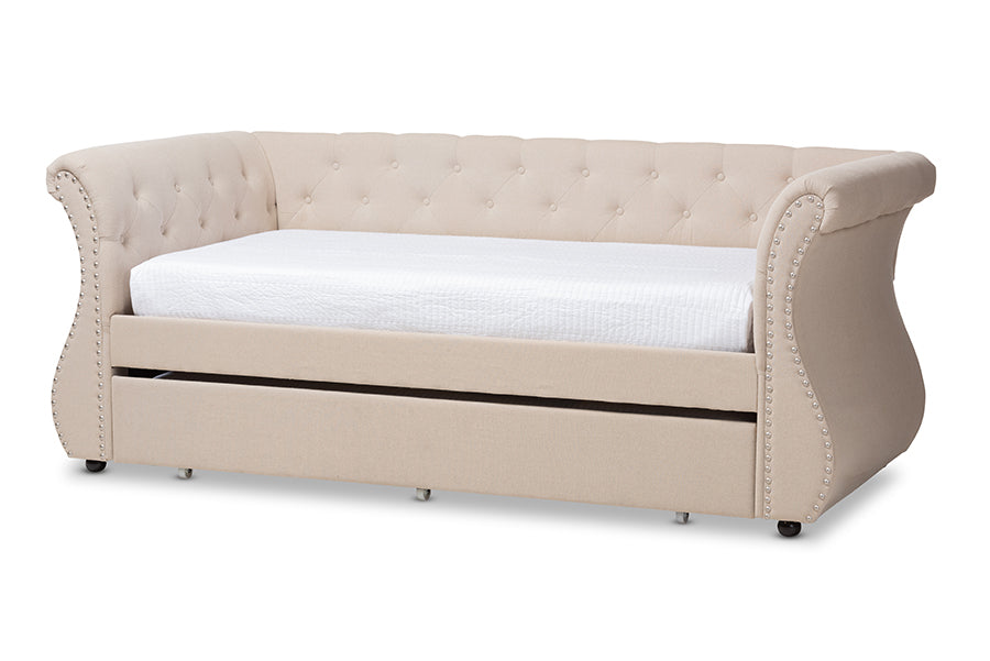baxton studio cherine classic and contemporary beige fabric upholstered daybed with trundle | Modish Furniture Store-2