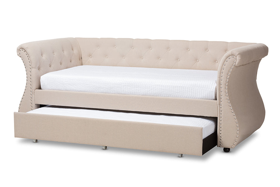 baxton studio cherine classic and contemporary beige fabric upholstered daybed with trundle | Modish Furniture Store-3