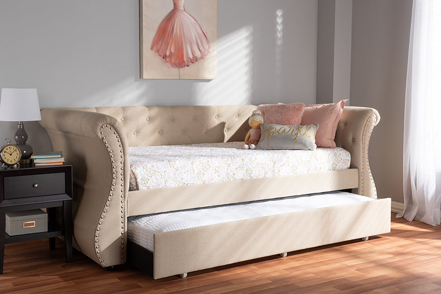 Baxton Studio Cherine Classic and Contemporary Beige Fabric Upholstered Daybed with Trundle | Modishstore | Daybeds