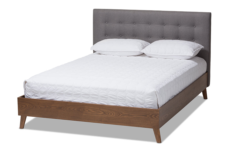 baxton studio alinia mid century retro modern grey fabric upholstered walnut wood king size platform bed | Modish Furniture Store-2