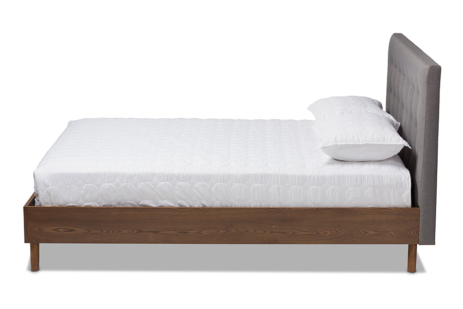 baxton studio alinia mid century retro modern grey fabric upholstered walnut wood king size platform bed | Modish Furniture Store-3