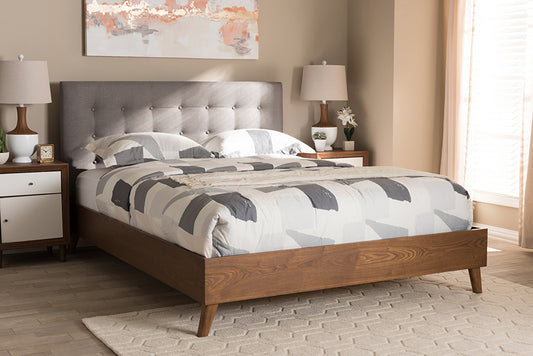 Baxton Studio Alinia Mid-century Retro Modern Grey Fabric Upholstered Walnut Wood King Size Platform Bed | Modishstore | Beds