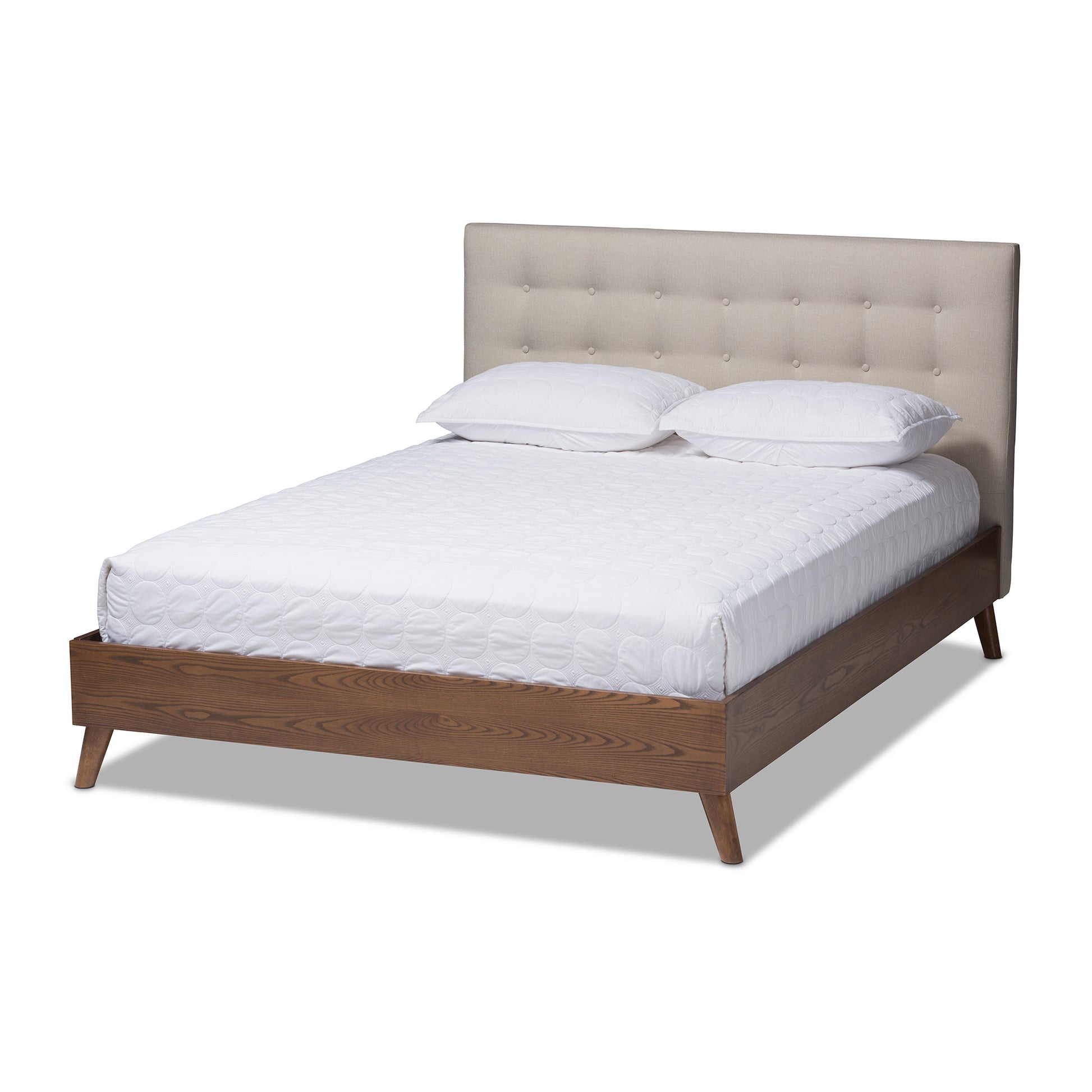 Baxton Studio Alinia Mid-century Retro Modern Light Beige Fabric Upholstered Walnut Wood King Size Platform Bed | Beds | Modishstore