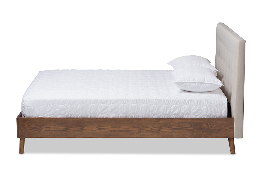Baxton Studio Alinia Mid-century Retro Modern Light Beige Fabric Upholstered Walnut Wood King Size Platform Bed | Beds | Modishstore - 3