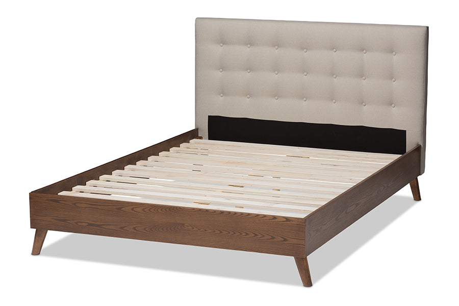 Baxton Studio Alinia Mid-century Retro Modern Light Beige Fabric Upholstered Walnut Wood King Size Platform Bed | Beds | Modishstore - 7