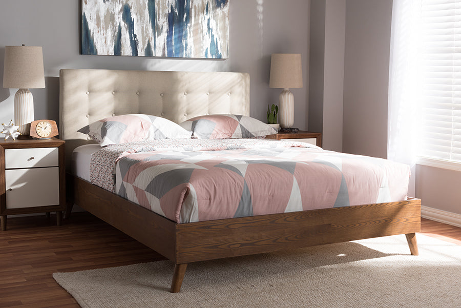 Baxton Studio Alinia Mid-century Retro Modern Light Beige Fabric Upholstered Walnut Wood King Size Platform Bed | Beds | Modishstore - 2