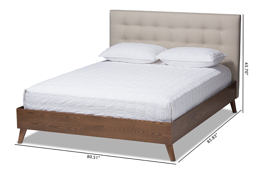 Baxton Studio Alinia Mid-century Retro Modern Light Beige Fabric Upholstered Walnut Wood King Size Platform Bed | Beds | Modishstore - 6