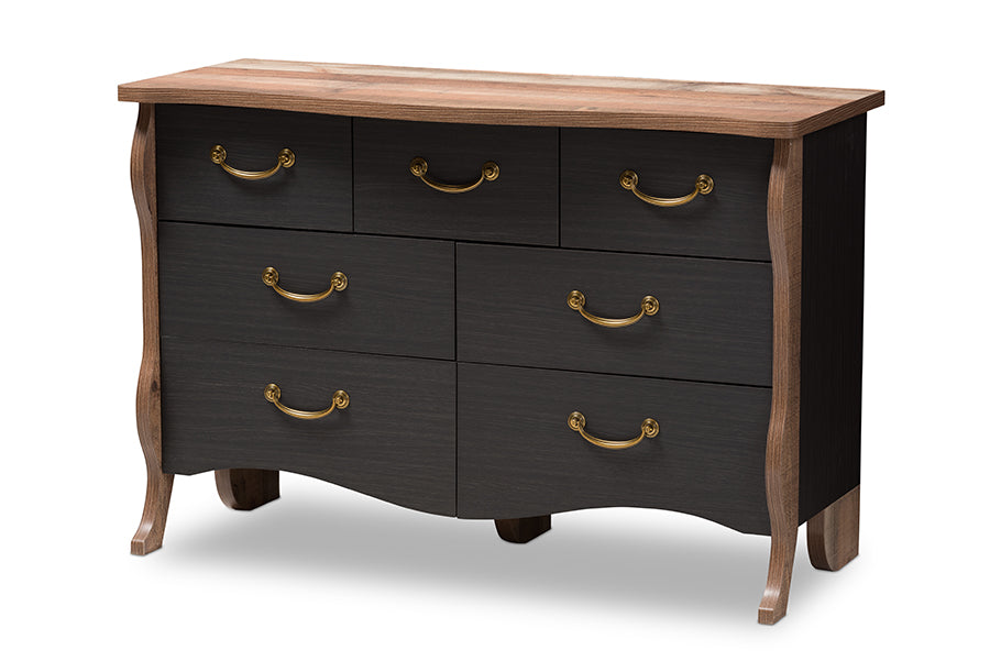 baxton studio romilly country cottage farmhouse black and oak finished wood 7 drawer dresser | Modish Furniture Store-2