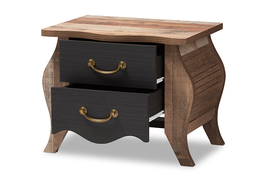 baxton studio romilly country cottage farmhouse black and oak finished wood 2 drawer nightstand | Modish Furniture Store-3