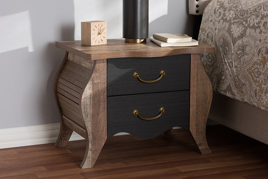 Baxton Studio Romilly Country Cottage Farmhouse Black and Oak-Finished Wood 2-Drawer Nightstand | Modishstore | Nightstands