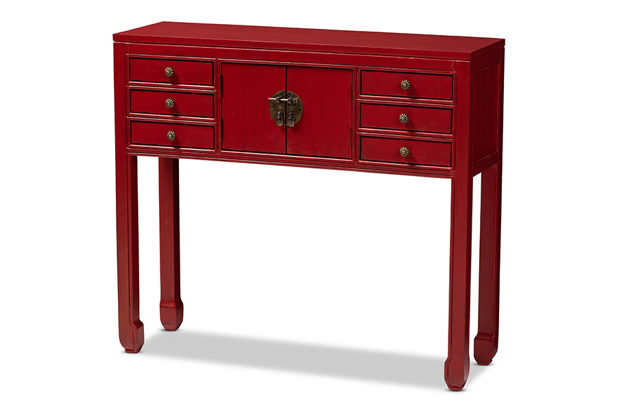 baxton studio melodie classic and antique red finished wood bronze finished accents 6 drawer console table | Modish Furniture Store-2