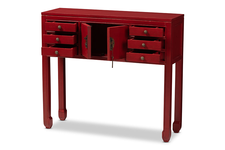 baxton studio melodie classic and antique red finished wood bronze finished accents 6 drawer console table | Modish Furniture Store-3
