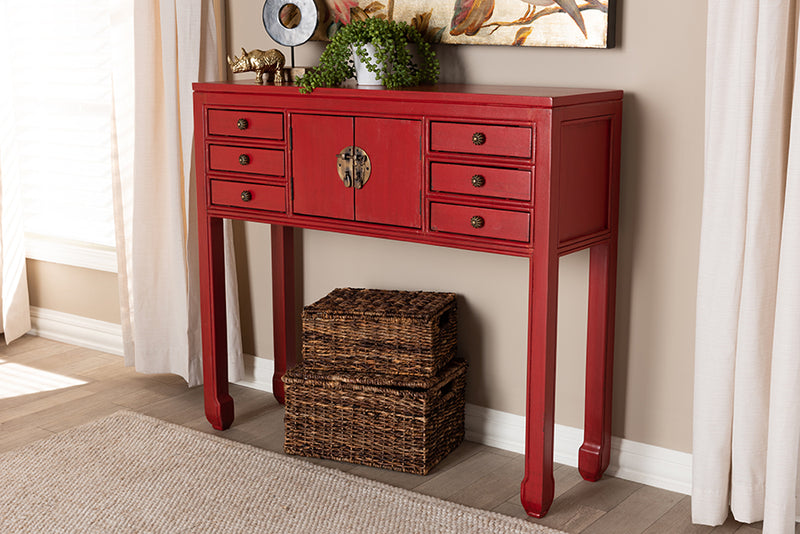 Baxton Studio Melodie Classic and Antique Red Finished Wood Bronze Finished Accents 6-Drawer Console Table | Modishstore | Console Tables