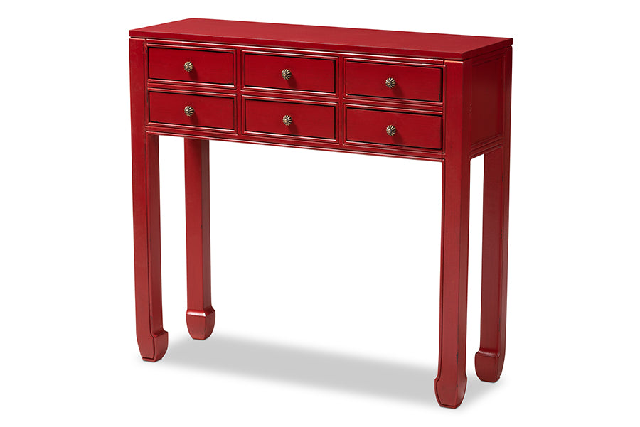 baxton studio pomme classic and antique red finished wood bronze finished accents 6 drawer console table | Modish Furniture Store-2