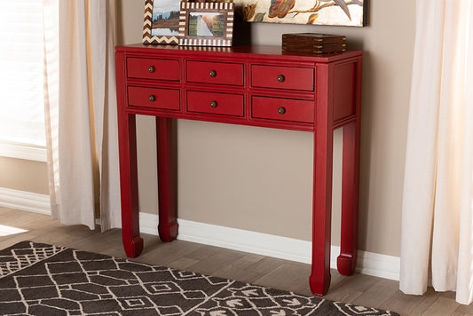 Baxton Studio Pomme Classic and Antique Red Finished Wood Bronze Finished Accents 6-Drawer Console Table | Modishstore | Console Tables