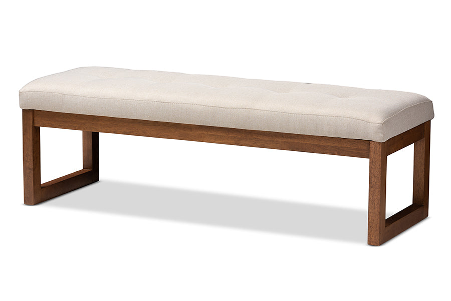 baxton studio caramay modern and contemporary light beige fabric upholstered walnut brown finished wood bench | Modish Furniture Store-2