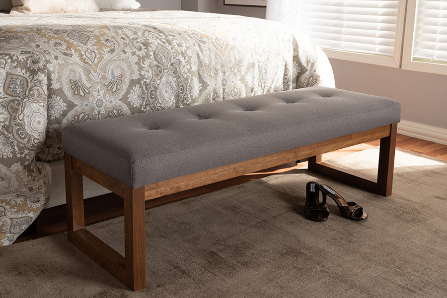 Baxton Studio Caramay Modern and Contemporary Grey Fabric Upholstered Walnut Brown Finished Wood Bench | Benches | Modishstore - 2
