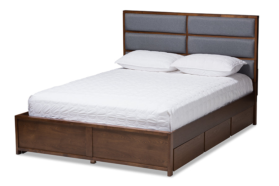 baxton studio macey modern and contemporary dark grey fabric upholstered walnut finished queen size storage platform bed | Modish Furniture Store-2