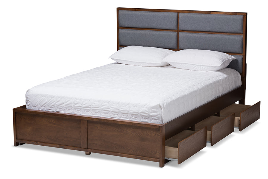 baxton studio macey modern and contemporary dark grey fabric upholstered walnut finished queen size storage platform bed | Modish Furniture Store-3