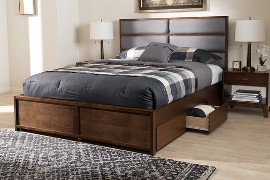 Baxton Studio Macey Modern and Contemporary Dark Grey Fabric Upholstered Walnut Finished Queen Size Storage Platform Bed | Modishstore | Beds