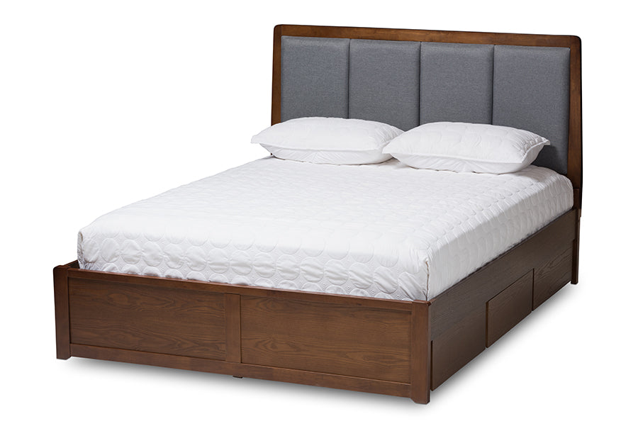 baxton studio brannigan modern and contemporary dark grey fabric upholstered walnut finished queen size storage platform bed | Modish Furniture Store-2