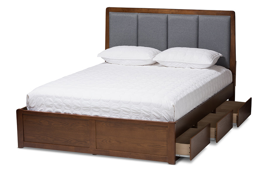 baxton studio brannigan modern and contemporary dark grey fabric upholstered walnut finished king size storage platform bed | Modish Furniture Store-2