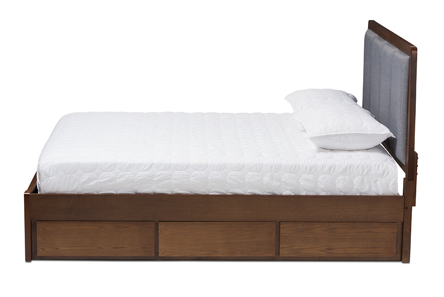 baxton studio brannigan modern and contemporary dark grey fabric upholstered walnut finished king size storage platform bed | Modish Furniture Store-3