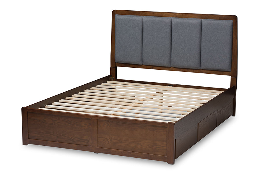 baxton studio brannigan modern and contemporary dark grey fabric upholstered walnut finished king size storage platform bed | Modish Furniture Store-4