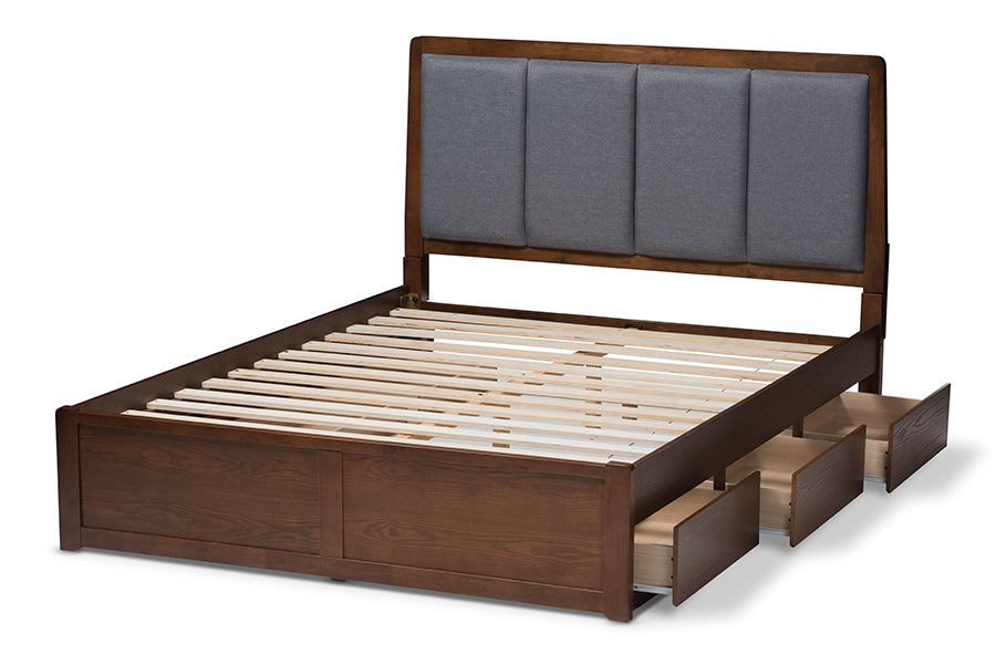 baxton studio brannigan modern and contemporary dark grey fabric upholstered walnut finished king size storage platform bed | Modish Furniture Store-5