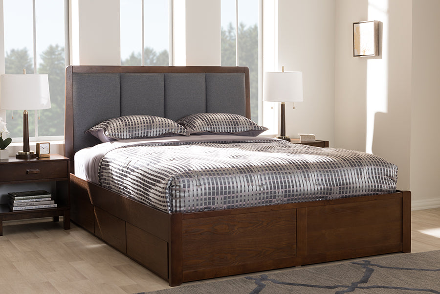baxton studio brannigan modern and contemporary dark grey fabric upholstered walnut finished king size storage platform bed | Modish Furniture Store-8