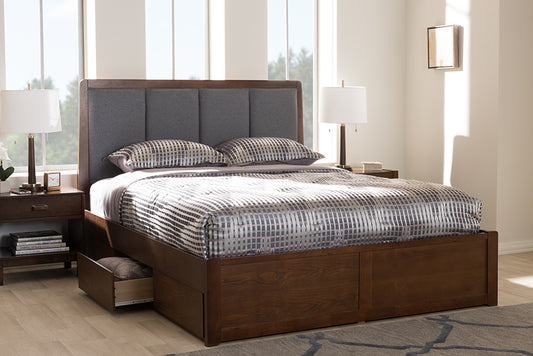 Baxton Studio Brannigan Modern and Contemporary Dark Grey Fabric Upholstered Walnut Finished Queen Size Storage Platform Bed | Modishstore | Beds