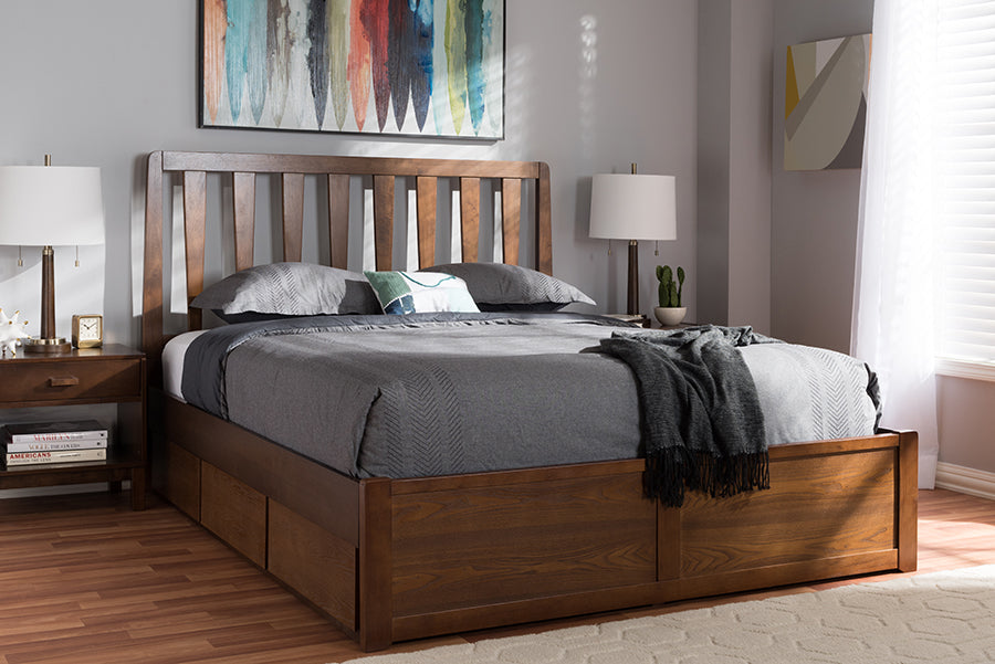 baxton studio brannigan modern and contemporary dark grey fabric upholstered walnut finished king size storage platform bed | Modish Furniture Store-12