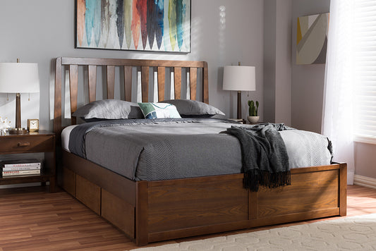 Baxton Studio Raurey Modern and Contemporary Walnut Finished Queen Size Storage Platform Bed | Modishstore | Beds