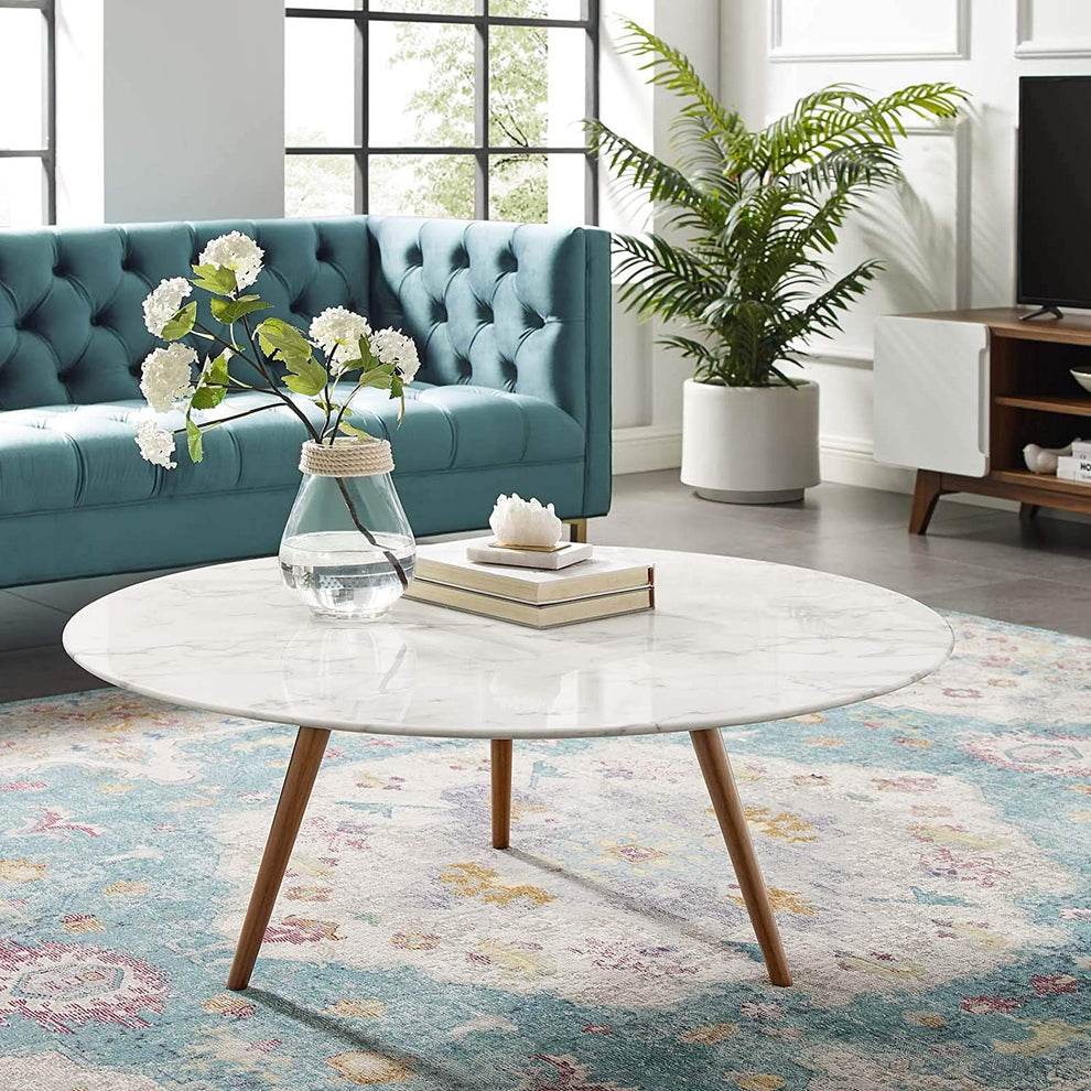 Modway Lippa 40" Round Artificial Marble Coffee Table with Tripod Base in Walnut White - EEI-3668 | Coffee Tables | Modishstore - 3